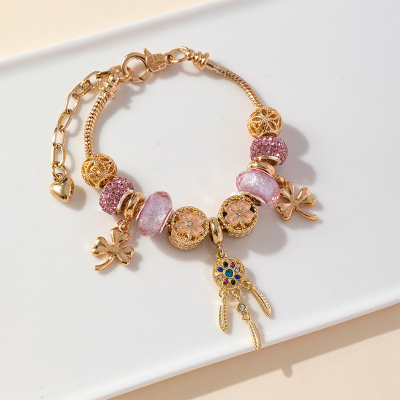 Panjia pulsera Dora DIY cuentas pop transfronterizo ángel ala hoja colgante flor cristal cuentas pulsera de cobre