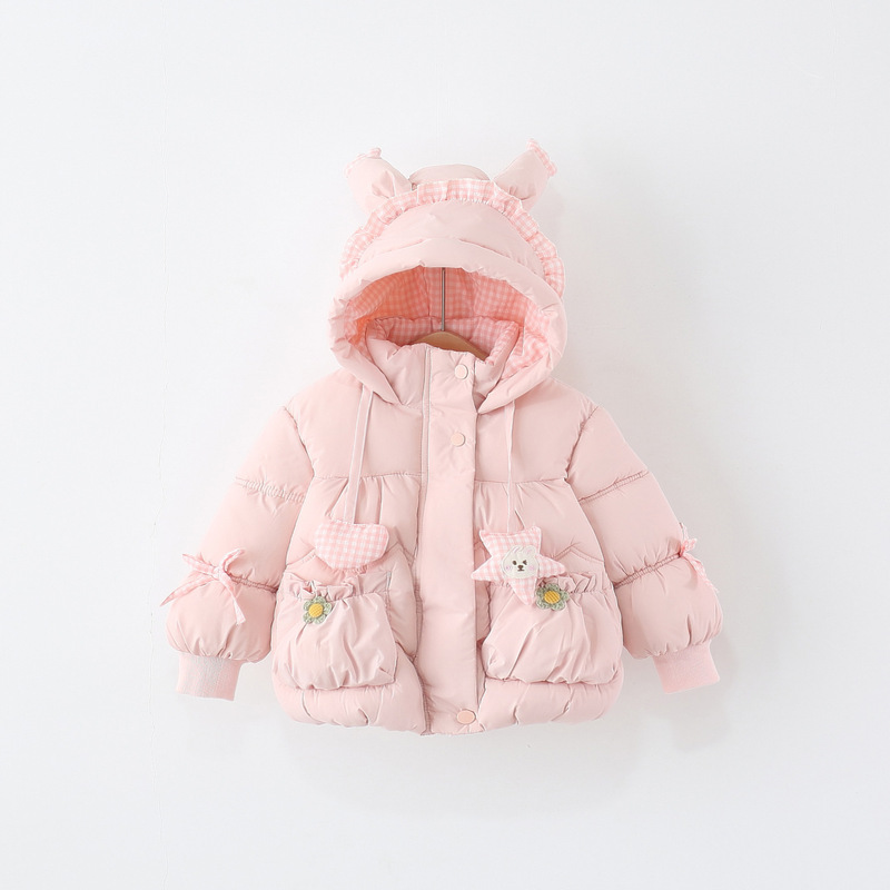 2025 Winter New Style Two-Pocket Heart Star Hand-Padded Cotton Jacket for Girls, Fleece-Lined and Thickened Small Cotton Coat