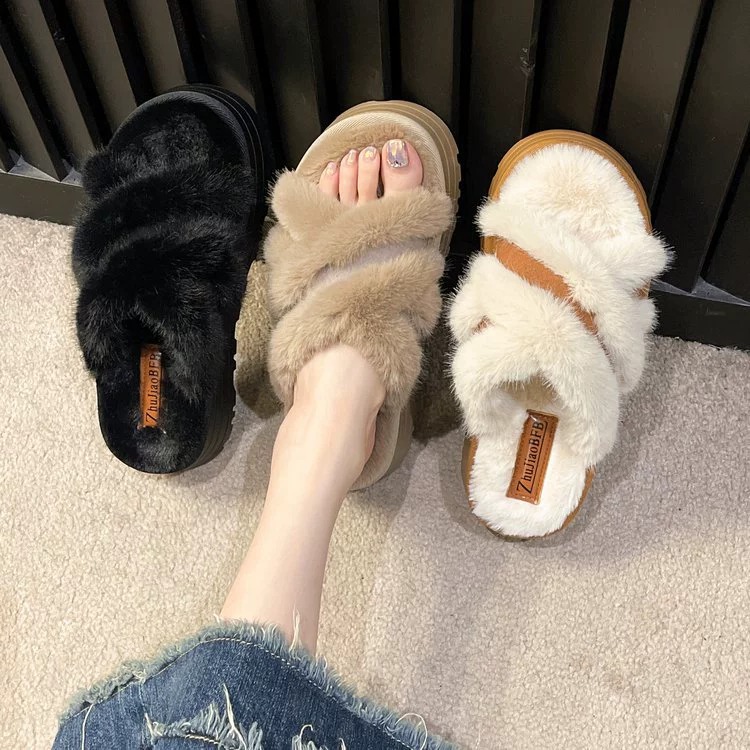 Pelzige Hausschuhe für Damenoberbekleidung im Herbst 2023, Baumwollhausschuhe mit offener Spitze_voghion.com