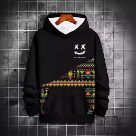 Men's Sweatshirt Long-Sleeved Shirt with Sewing Pattern and 3D Ethnic Pattern Fashion Street Clothing Fresh Spring and Autum