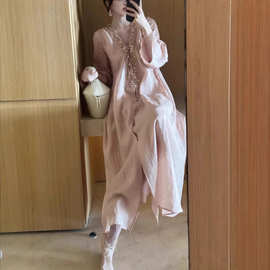重工钉珠领轻奢名媛度假风感长裙女气质苎麻连衣裙裸粉纯色