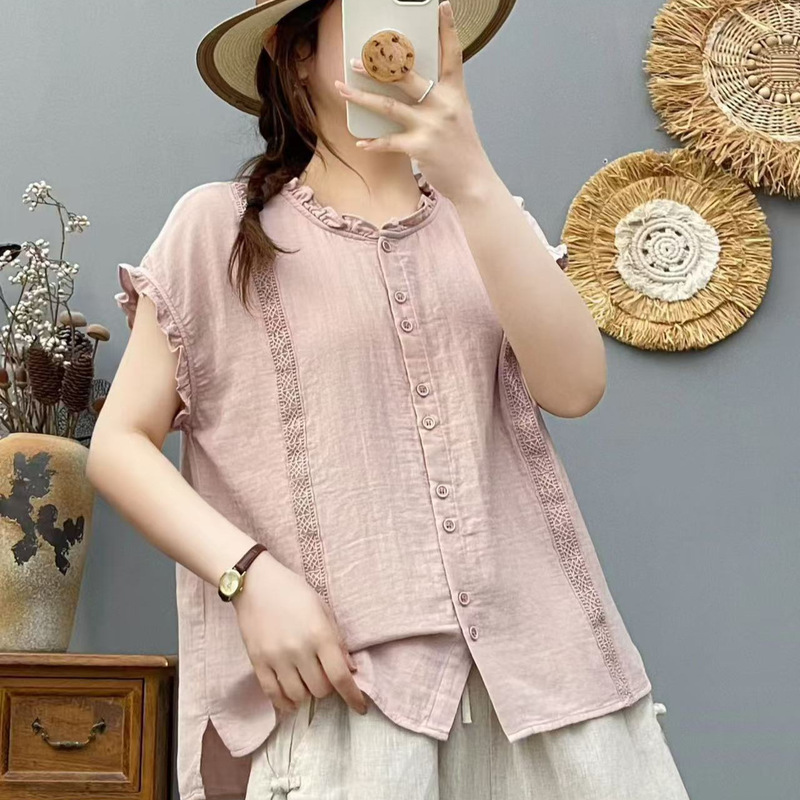 2026 Summer Sleeveless Women's Shirt with Ruffled Collar and Lace Trim, Loose Casual Korean Style College Style Blouse