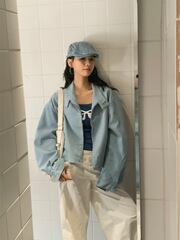 2025秋季新款韩系时髦蓝色灯芯绒宽松外搭立领廓型夹克外套女chic