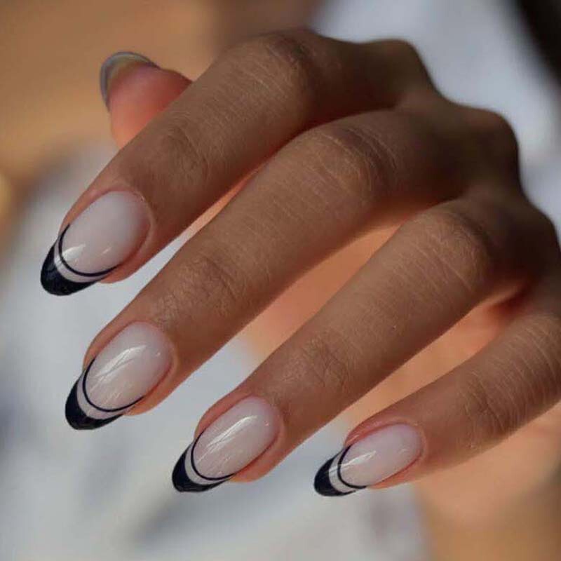 24 Pieces of Short French Water Drop Black Line Geometric Figure Wearable Manicure Fake Nails Factory Ready Stock Wholesale