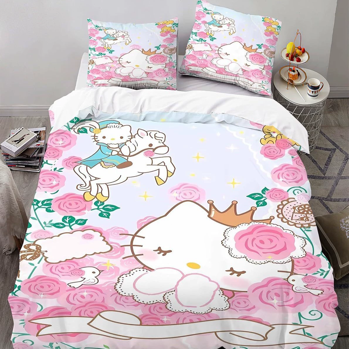 Постельный комплект 3 предмета Hello Kitty, подростковый мультяшный комплект, разные размеры (розовый)