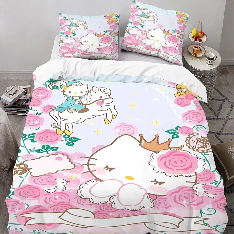 Постельный комплект 3 предмета Hello Kitty, подростковый мультяшный комплект, разные размеры (розовый)