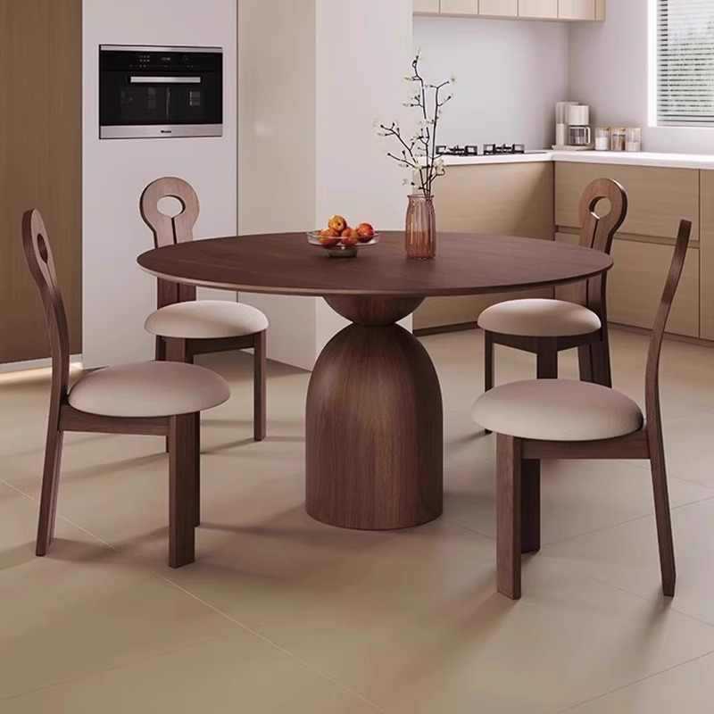French Style Solid Wood Round Dining Table Small Apartment Household Round Dining Table Ancient Style Dining Table and Chair Walnut Color Dining Table and Chair