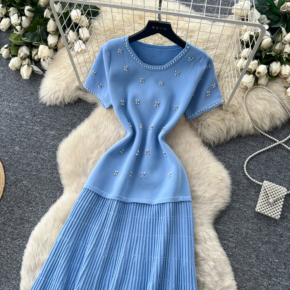 Women's French Style Beaded Short Sleeved Dress Summer Gentle Feminine High Waisted A-Line Skirt Slimming Flattering for Commuting_ecoleips.com