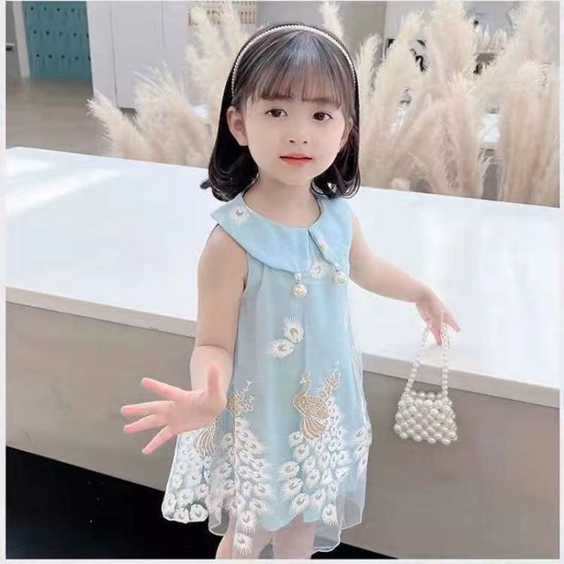 女の子ドレスサマードレス 2025 新しい子供の孔雀インターネットセレブスタイルプリンセスドレス少女ベビーガールドレス|undefined