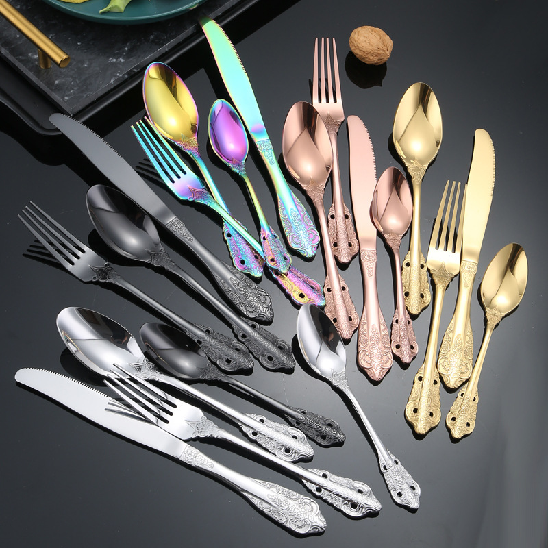 410 Stainless Steel Tableware Hotel Restaurant European Court Knife and Fork Spoon suit Western Retro Embossed Steak Knife and Fork