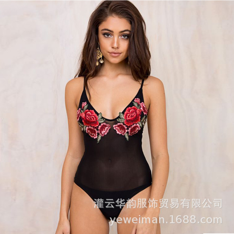 Under Europe and America Foreign trade perspective Swimwear Sexy lingerie Temptation rose Embroidery sexy Jacobs Conjoined Swimsuit