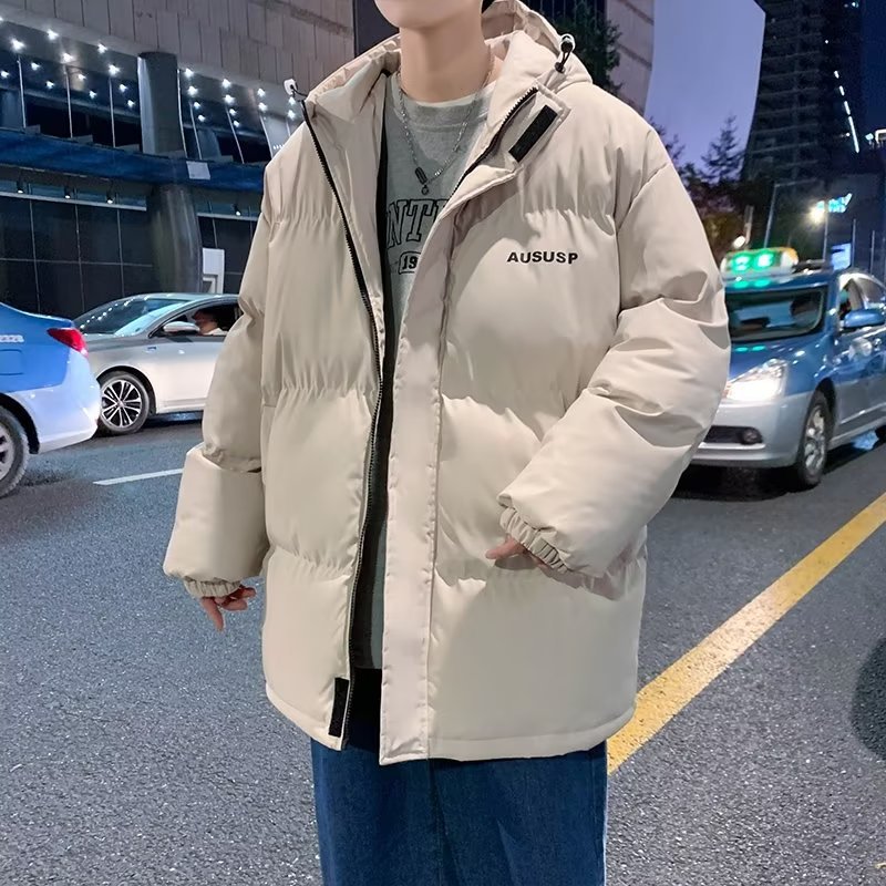 Hong Kong estilo invierno collar engrosada de algodón acolchado abrigo de los hombres de la juventud suelta color sólido impreso marca de moda abrigo de los hombres