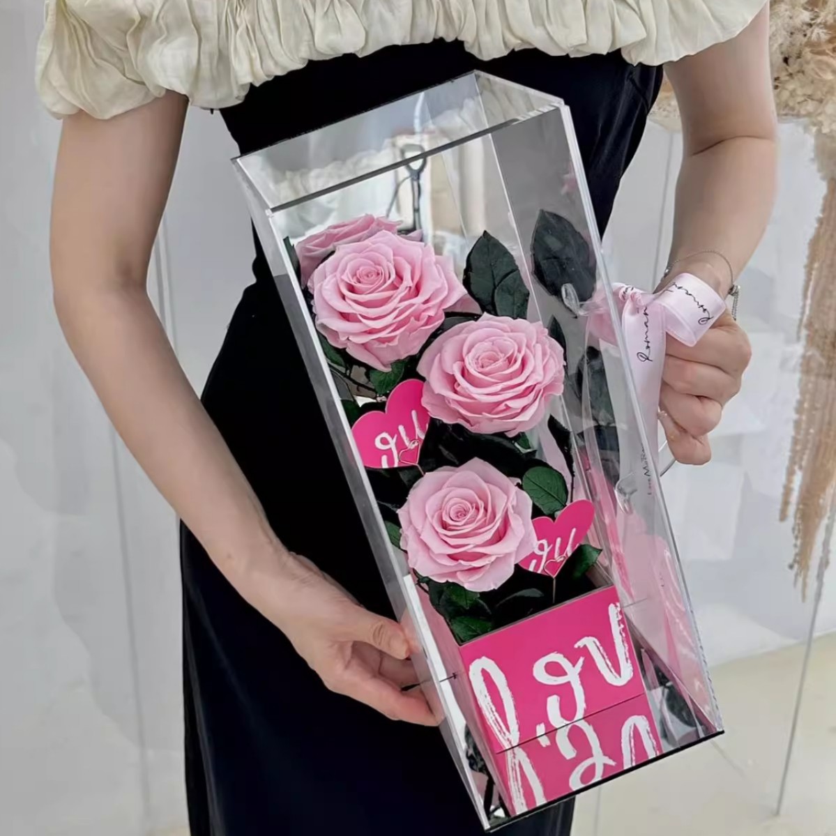 Día de San Valentín flores eternas rosas acrílicas cajas de regalo acabados adornos para la novia esposa regalos de flores reales