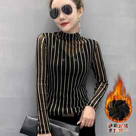 欧货2022秋冬新款网纱加绒烫钻修身显瘦半高领长袖上衣女代发