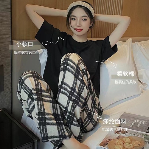 Women's Summer Pullover Sleepwear Set with Bra Cup Short Sleeve Pants, Oversized and Plus Size Sweet Student Homecoming Suit