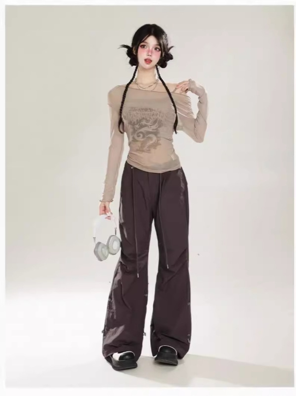 自制美式辣妹一字肩网纱罩衫女夏季防晒两件套装露肩长袖上衣|undefined