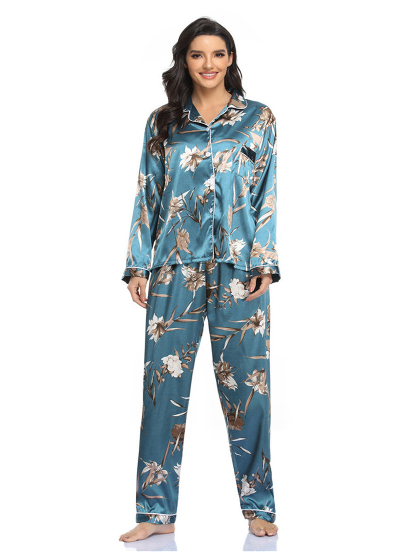 254g Weight Long Sleeve Sleeve Length Single Breasted Placket Type Polyester Fabric Type Regular Top Length Pants Sets Sets Type 2 Piece Set Quantity Home Occasion Turndown Neckline Comfort Function Loose Version Flower, Leopard Pattern Summer, Autumn Season Women'S Gender Button Design Fashion Style Women's Fashion Flower Leopard Polyester Button Pants Sets