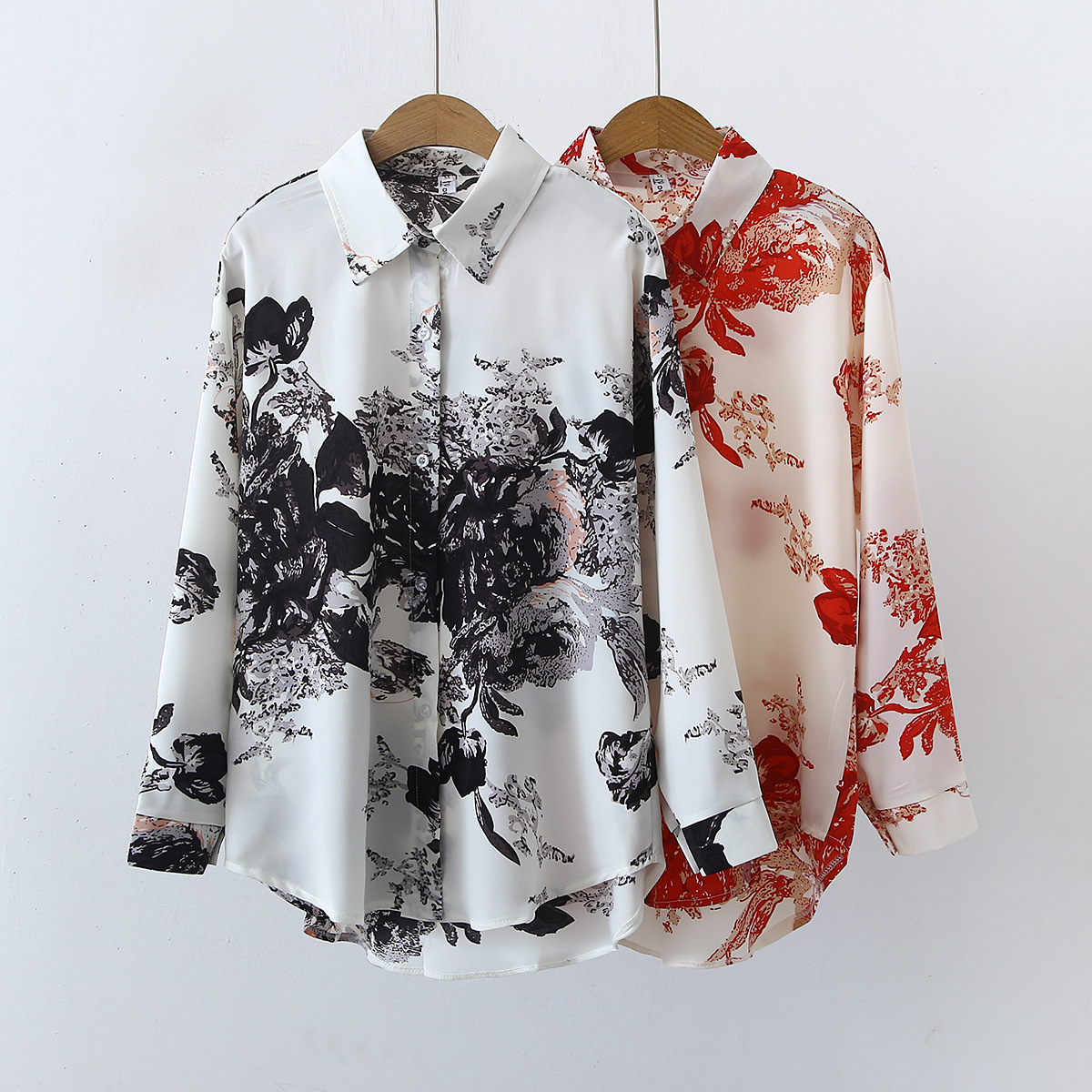 Autumn New Korean Style Retro Simple Printed Long Sleeve Satin Shirt for Women