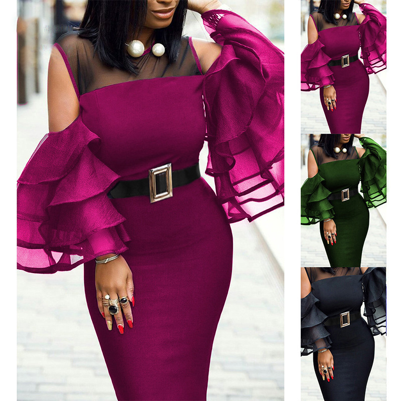 Robe à manches en feuille de lotus pour femme_voghion.com