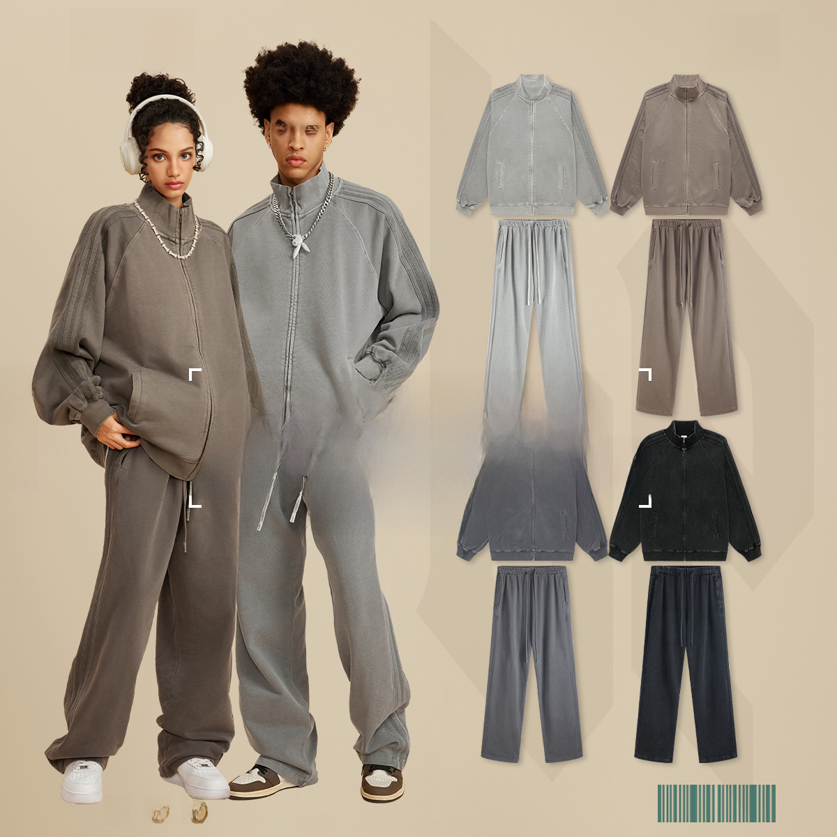 BE men's clothing 2025 autumn and winter three-bar stripe retro sports trend brand washing sweatshirt suit trendy sports suit