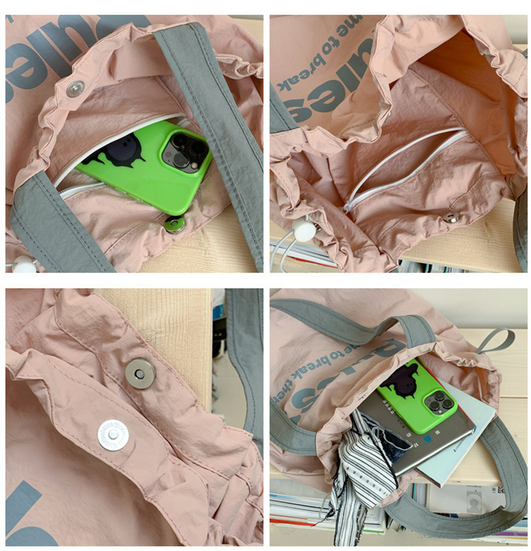 Fashionable and simple letter print large-capacity tote bag 2025 new style contrasting color versatile drawstring pleated single-shoulder bag undefined