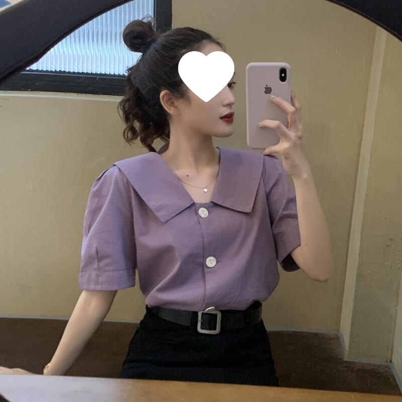 French-Style Short-Sleeve Shirt for Women, Unique Design, Purple Blouse, Summer 2025 New Model, Elegant Puff Sleeve Top French-Style Short-Sleeve Shirt for Women, Unique Design, Purple Blouse, Summer 2025 New Model, Elegant Puff Sleeve Top