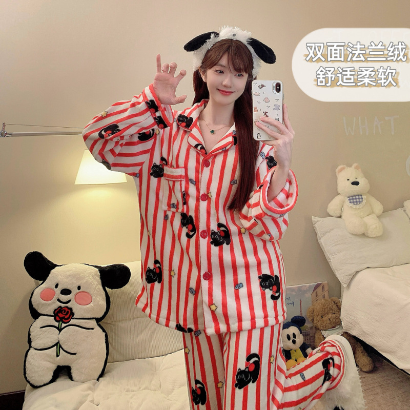 法兰绒睡衣女秋冬季新款韩系卡通条纹长袖加厚保暖少女家居服套装|undefined