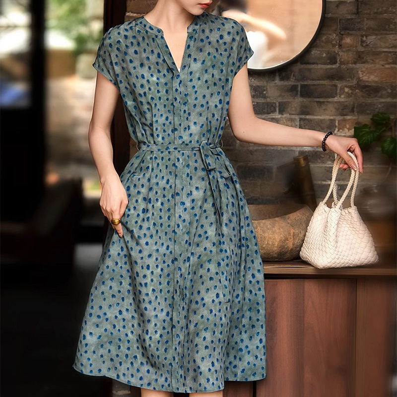 Dark Blue Bird Feather Crepe De Chine Silk High-End Silk Dress Floral Print Mid-Length Women's Summer Dress