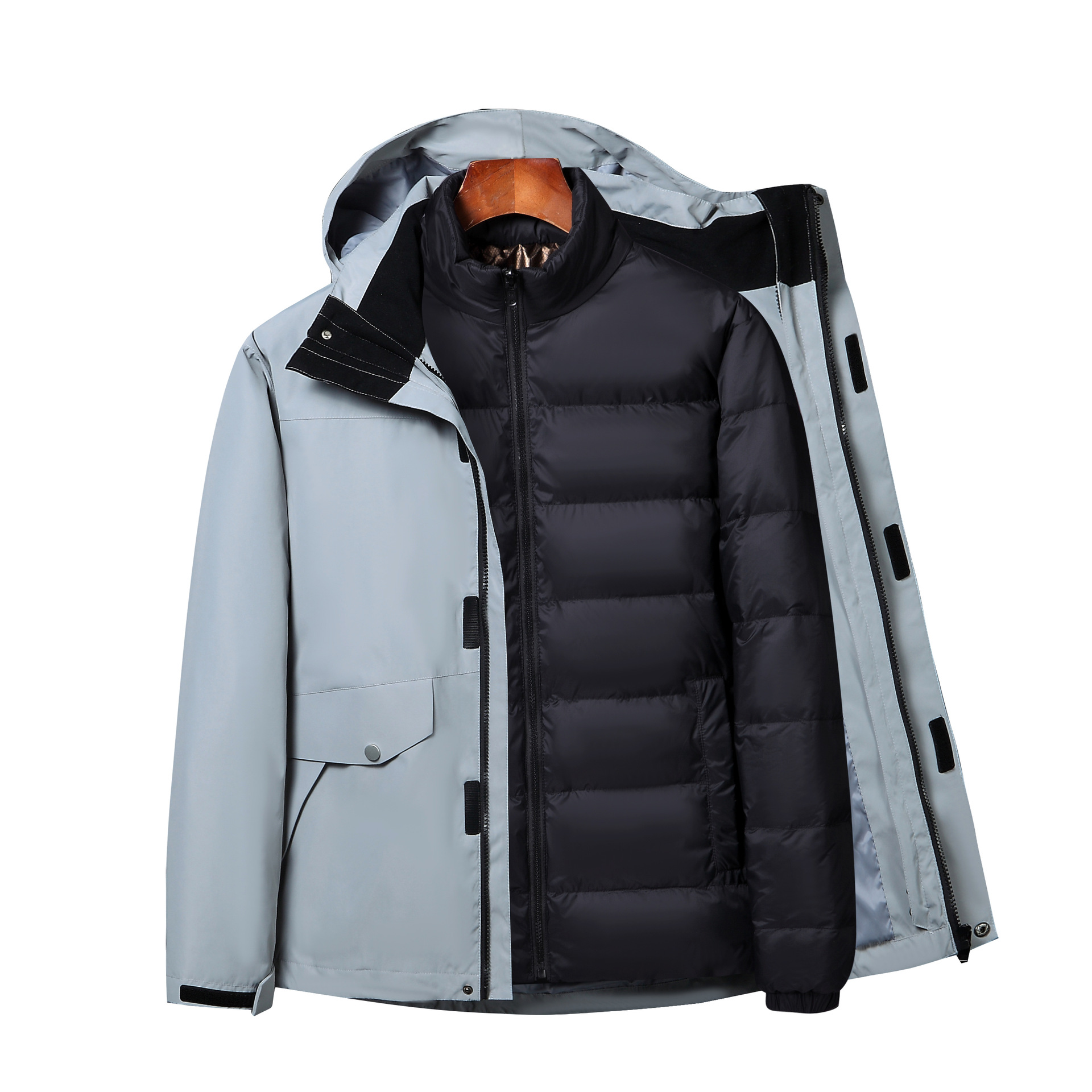 Herrenbekleidung Neue Outdoorjacke Drei-in-eins-Baumwolljacke 90 weiße Gans Baumwollfutter Abnehmbarer Herren-Bergsteiger-Skianzug_voghion.com