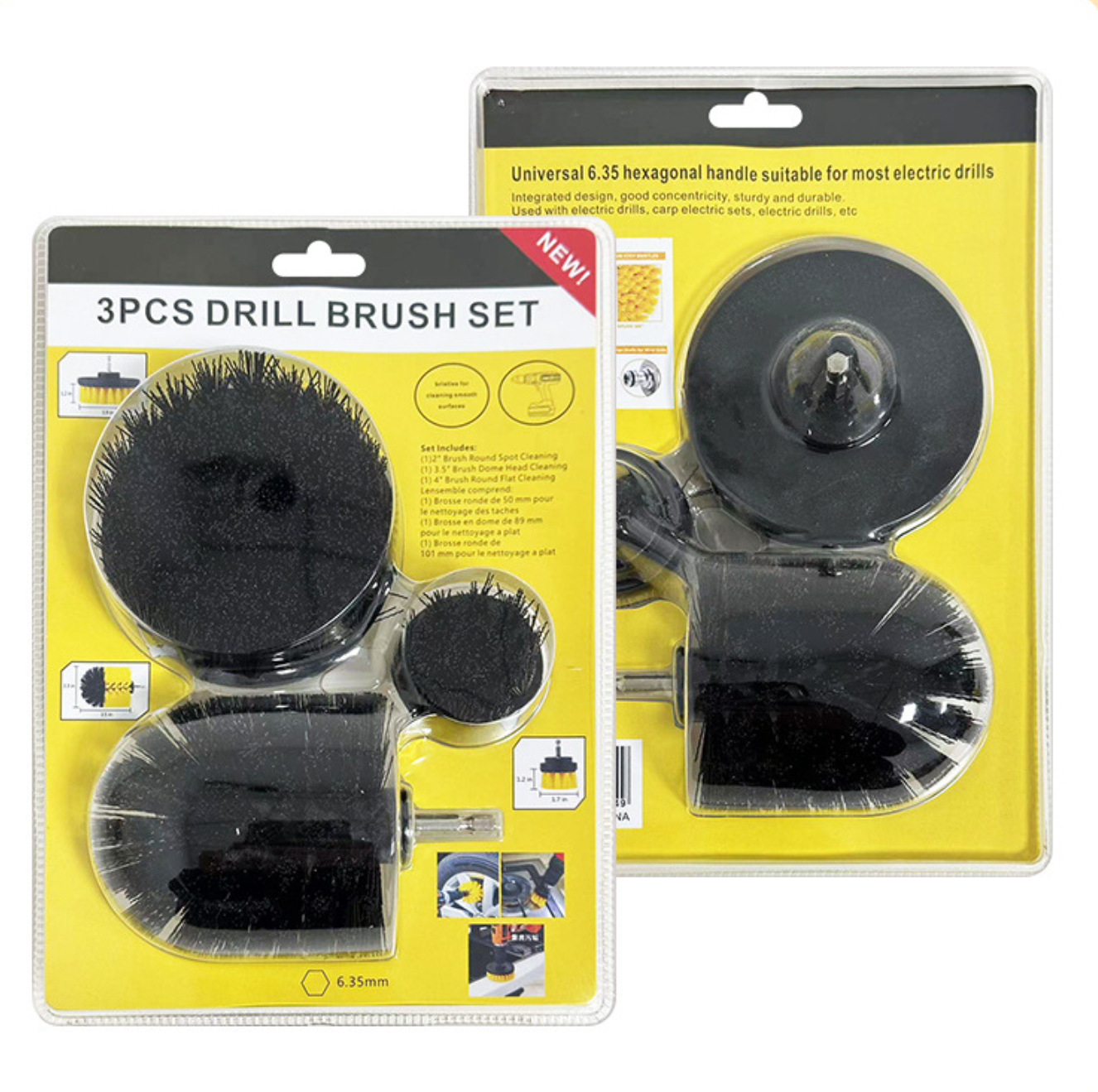 Transfronterizo de doble burbuja 3 piezas 2 pulgadas 3.5 pulgadas 4 pulgadas cepillo de limpieza eléctrica amarillo conjunto de cepillo de perforación eléctrica de limpieza de automóviles