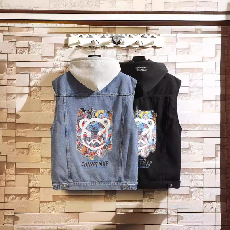 24 spring and summer men's hooded waistcoat back Printed Lapel denim jacket couple casual loose vest jacket