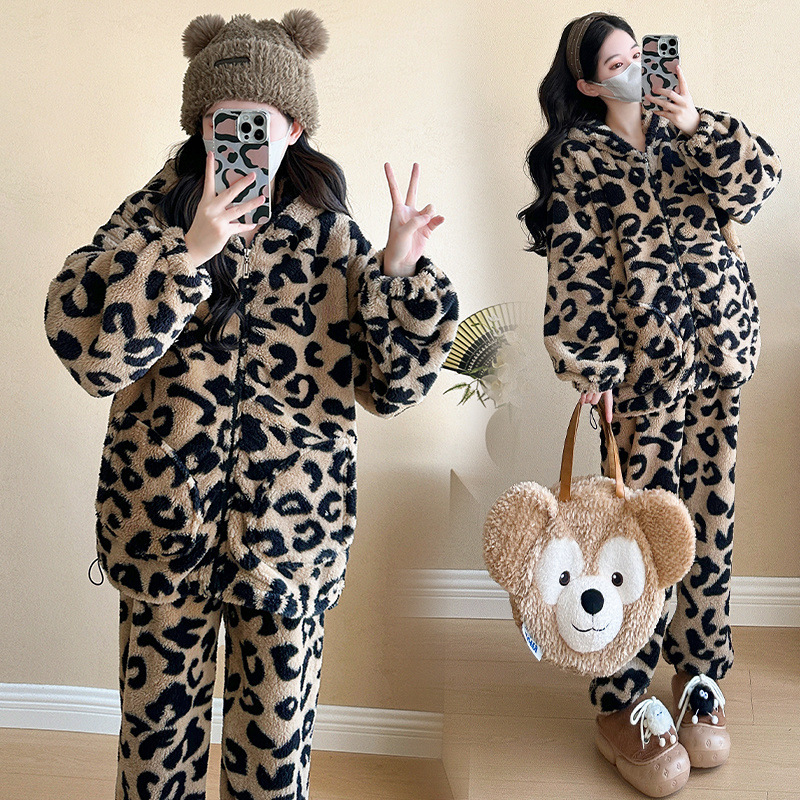임산부 겨울 파자마 플러스 벨벳 두꺼운 레오파드 프린트 홈 의류 가을 겨울 따뜻함 조절 가능한 투피스 아우터 웨어 슈트