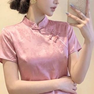 2026夏季气质百搭斜襟上衣新中式国风减龄粉色短袖立领盘扣衬衫女