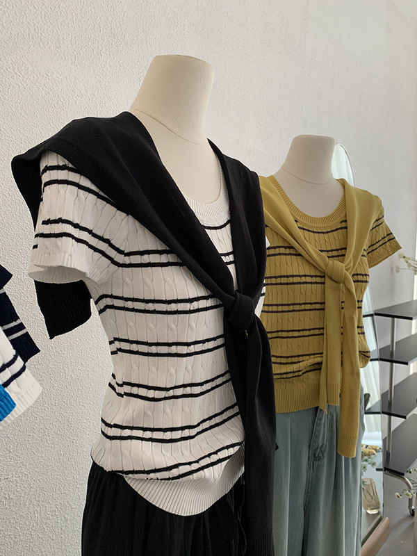 Omalai コントラストカラーラウンドネックストライプポニー刺繍クールシルク半袖セータートップとショール付き女性用 3847|undefined