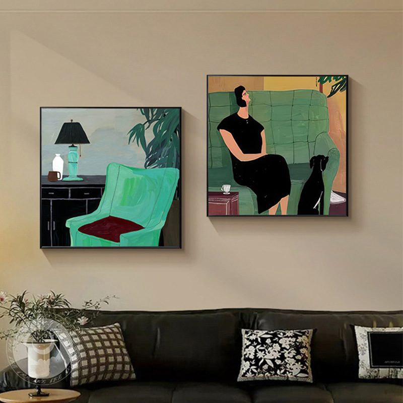 Medieval Style Living Room Decoration Painting, Retro Green Abstract Character Ornaments, Niche Art, High-End Bedroom and Restaurant Hanging Paintings