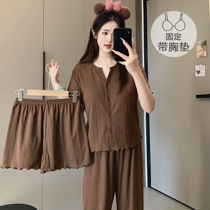 Korean Style Pajamas for Women, Pure Color Cardigan, Short-Sleeved Shorts, Cotton Suit, Student Girl, Bra-Free Home Wear, Thin Style