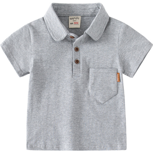 Boys short-sleeved T-shirt 2024 new children's solid color polo shirt baby summer top pocket label fashion lapel