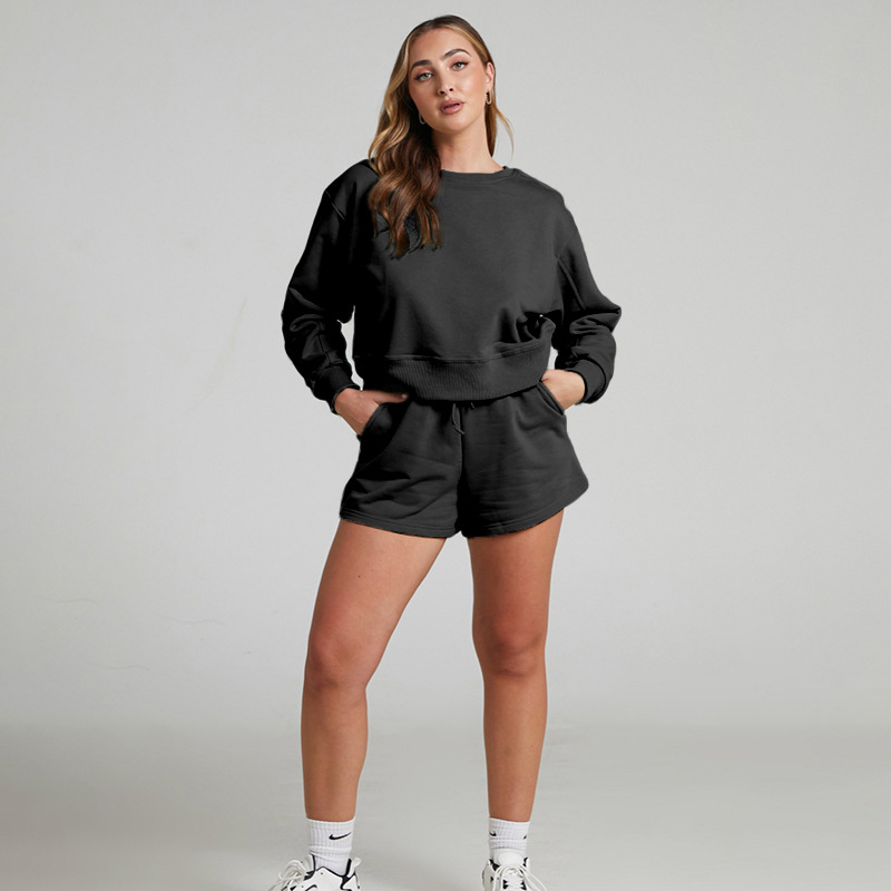 Solid Color Long Sleeve Sweaters Women Clothing Short Two-Piece Casual Shorts Suit