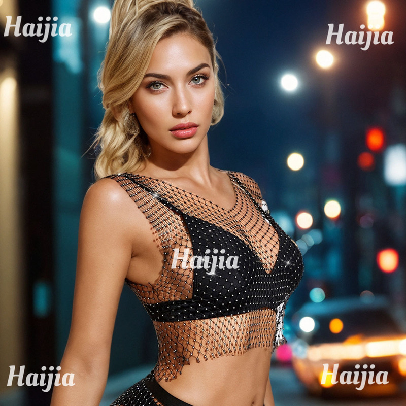 Cool Summer Luxury Flash Diamond Hollow Mesh Breathable Women's V-neck Vest Fashion Sexy Fishing Net Short Top