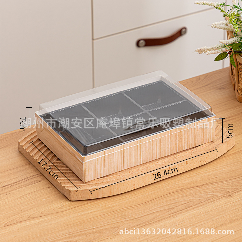 Caja de corte de frutas sin plegables, cuatro, cinco, seis cuadrículas de sushi, fruta fresca cortada, plástico transparente rectangular, caja de papel y plástico de tres piezas