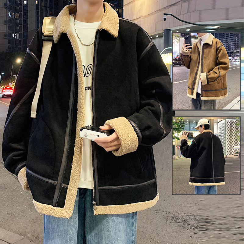 Suede Leather Jacket Men's Winter Trendy Ins Loose Lapel Fleece-Lined Thickeneded Fur One-Piece Jacket Trendy Brand Jacket
