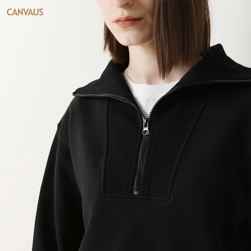 CANVAUS medio cuello abierto cremallera suéter forrado de lana de las mujeres Otoño e Invierno gota hombro manga larga suelta capa de color sólido simple superior