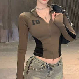 美式运动拉链立领上衣女秋季纯欲辣妹短款长袖恤修身打底衫内搭