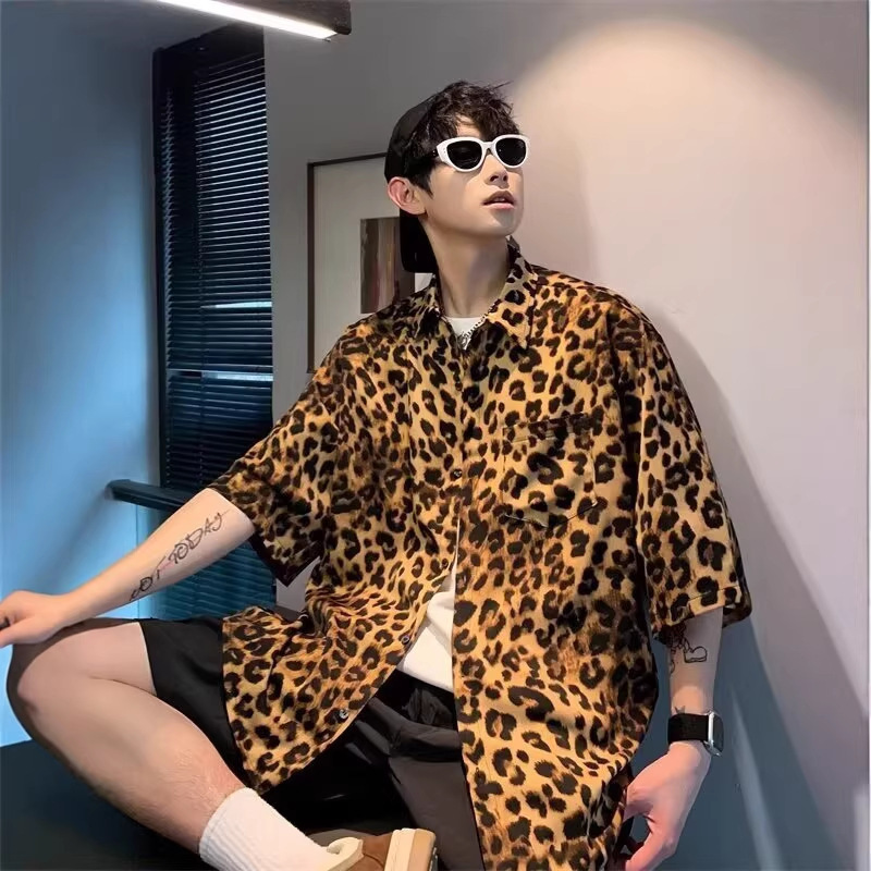 American Retro Street Style Leopard Print Short-Sleeved Shirt for Men and Women, Summer Thin Style, Cool and Stylish Casual Loose Cardigan Shirt