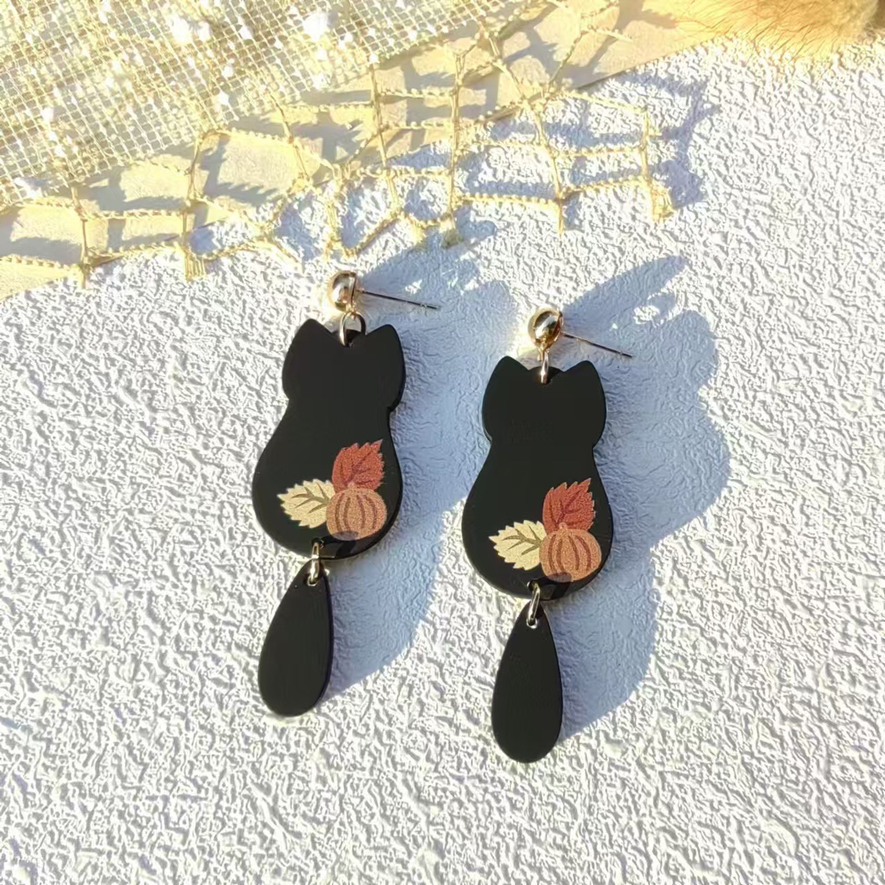 Halloween Festival Pumpkin, Cat Pattern Women's Gender Retro Style 1 Pair Retro Pumpkin Cat Acrylic Women's Drop Earrings Earrings Ear Studs