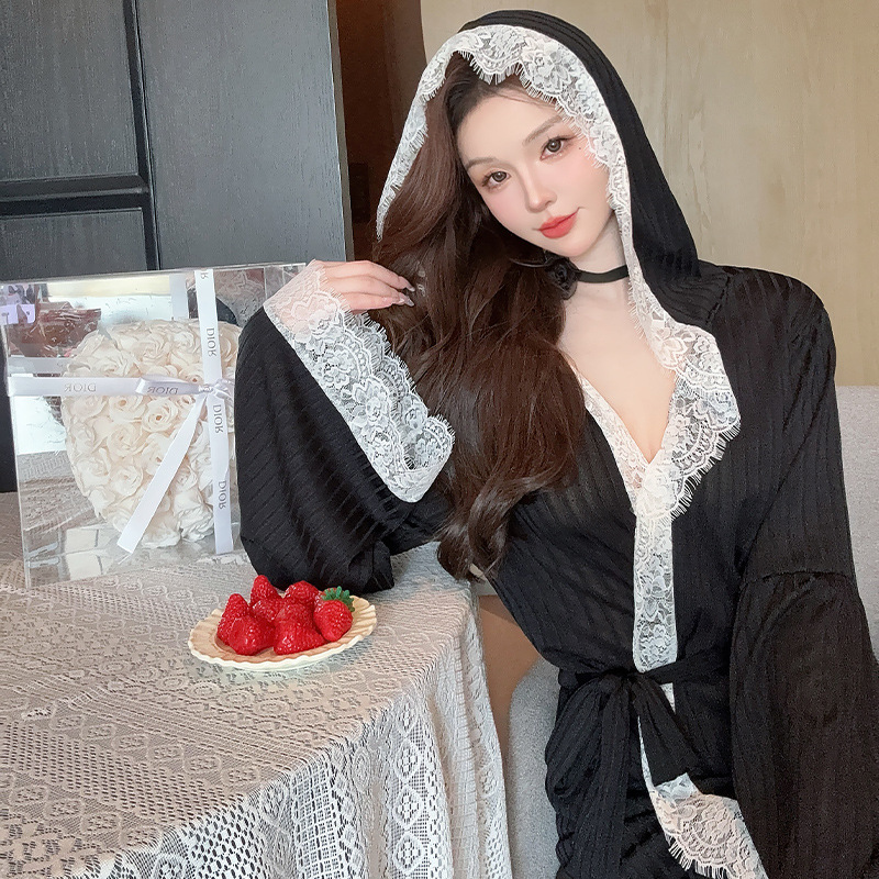Pajamas for Women in Spring and Autum Long-Sleeved Cashmere Cute French High-End Large Size Long Nightgown Bathrobe Hooded Can Be Worn Outside Pajamas for Women in Spring and Autum Long-Sleeved Cashmere Cute French High-End Large Size Long Nightgown Bathrobe Hooded Can Be Worn Outside