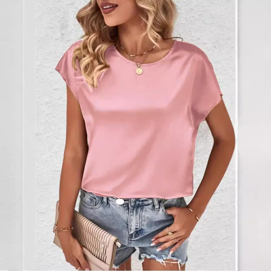 Top casual de verano 2026 de nuevo estilo para mujer, de color liso, con mangas murciélago, cuello redondo de satén, imitación seda.