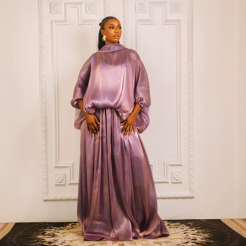 European and American Foreign Trade Women's Clothing 2026 Spring New Satin Solid Color Loose Long-Sleeve Puff Sleeve Elegant Long Dress