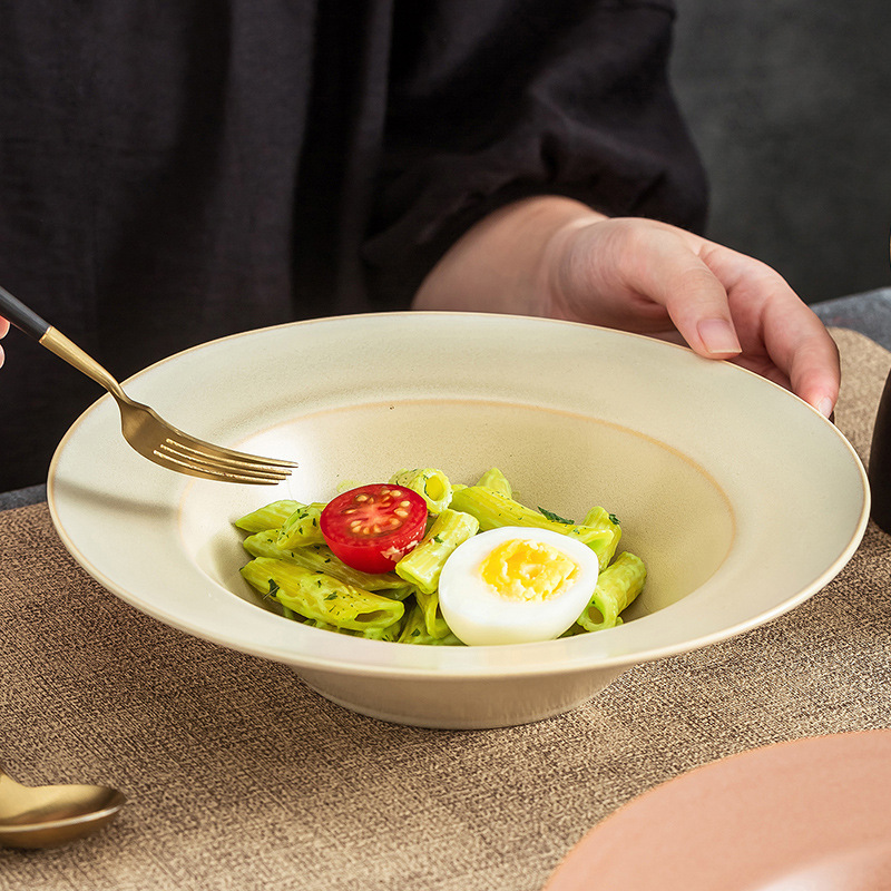 Creative Nordic-Style Ceramic Salad Bowls, Pasta Bowls, Wholesale High-Quality Exquisite Straw Hat Deep Plates, Solid Color Soup Plates, Tableware