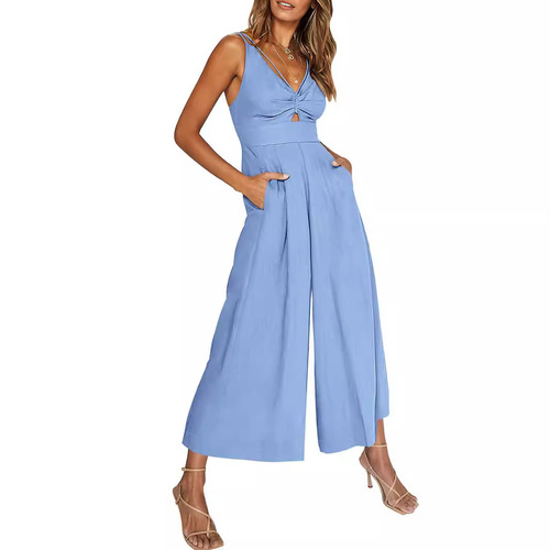 European and American Summer Strappy V-Neck Hollowed-Out Pleated High-Waisted Wide-Leg Jumpsuit with Pockets for Women